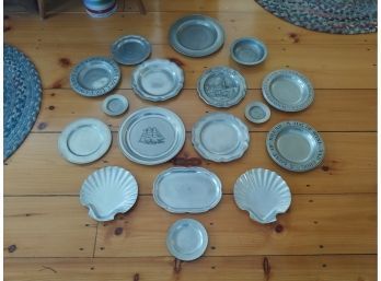 17 Pieces Of Assorted Colonial Style Pewter Plates And Cast Aluminum