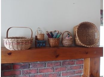 Lot Of 6 Assorted Country Baskets One Filled With Textile Bobbins