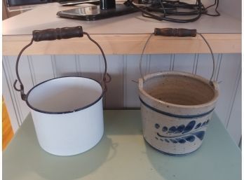 Decorated Stoneware And White Enamelware Pails