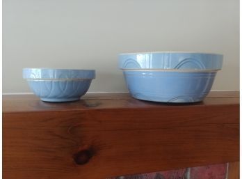 Two Blue Glazed Stoneware Mixing Bowls