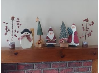 7 Piece Christmas Lot Including Hand-painted Trees Santa's And Snowman