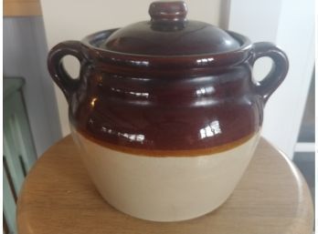Two Handled Stoneware Bean Pot( Chips On Lid)