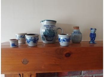 7 Assorted Pieces Of Blue Decorated Stoneware
