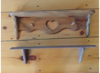 Two Country Pine Wall Shelves One With Coat Hooks