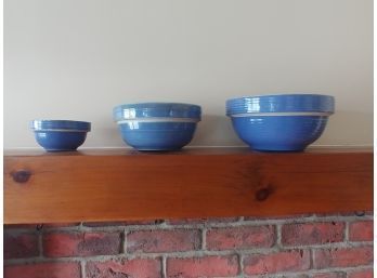 Three Graduated Blue Glazed Stoneware Mixing Bowls ( Large Bowl Has Chip)