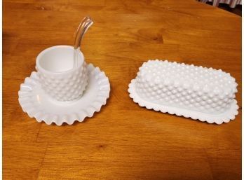 Fenton Hobnail Milk Glass Covered Butter Dish And Condiment Dish