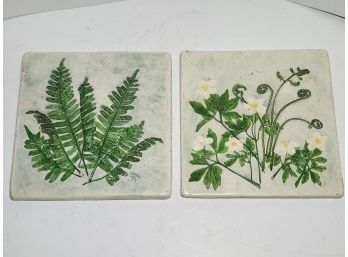 Pair Of Botanical Decorated Pottery Hot Plates