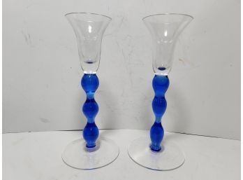 Pair Of Glass Candle Sticks With Cobalt Blue Stems