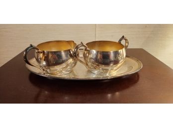 Silver Plated Sugar And Creamer On Tray