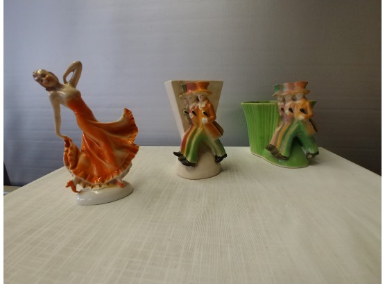 2 Vintage Japanese Planters With Gentleman Walking In A German Bisque Figure Of Lady