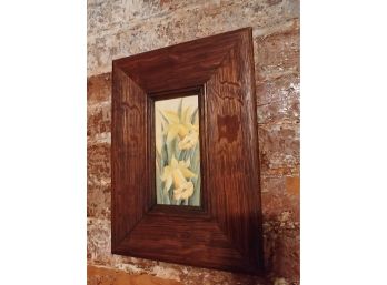 Arts And Crafts Period Quarter-sawn Oak Framed Tile With Hand-painted Daffodils