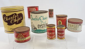 Lot Of 9,  Advertising Tins, Including: One Gallon 'queen's Choice Oysters'