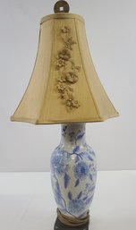 Blue And White Oriental Vase Lamp With Applied Flowers On Shade