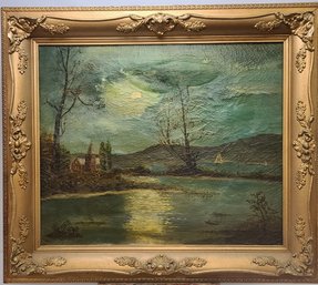 Large, European Oil On Canvas Painting Of A Moonlit, Castle By The Lake