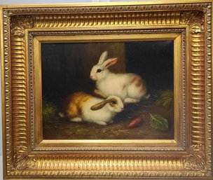 20th Century Oil Painting Of Rabbits, Signed On The Lower Right