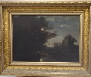 1800's Oil On Canvas Painting Of A Man In A Boat On A Moonlit Evening