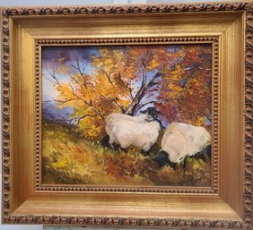 A. Brochu,  Oil On Canvas Painting Of Sheep In Autumn
