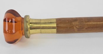 Amber Glass Top Cane Or Walking Stick With Heavily Carved, Turned Wood