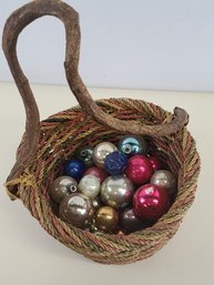Vintage Christmas Balls In A Root Handle Basket