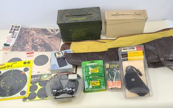 Hunting Lot Including Ammo Boxes, Holster, Targets And More