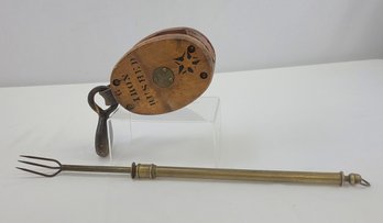 Antique, Brass Toasting Fork And Wooden Pulley