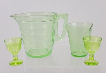 Depression Glass Measuring Cups And 2 Vaseline Stemware Pieces
