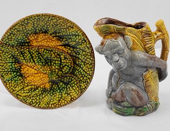 Antique Majolica Leaf Plate And Contemporary, Majolica Monkey Pitcher