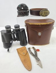 2 Binoculars, Red Man Belt Buckle & Unused A. Bauermann Solingen Germany Fishing Tool