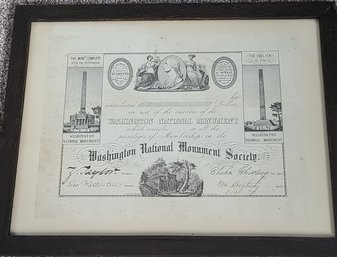 Rare, Certificate Of Contribution To The Washington National Monument & Completed Document On Reverse