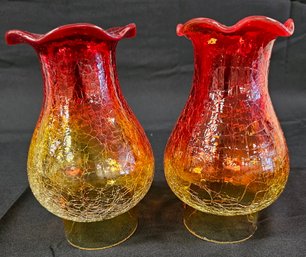 Pair Of Amberina,  Crackle Glass,  Oil Lamp Shades