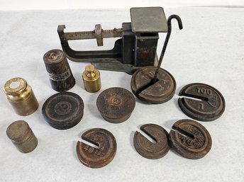 Antique, Small Scale With Misc. Iron And Brass Weight Collection