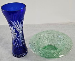 Blue Cut To Clear Vase & Green Depression Bowl