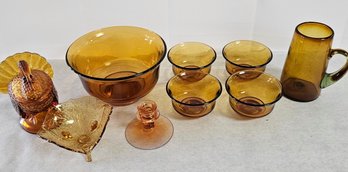 Lot Of Amber Glass, Turkey, Hand Blown Pitcher And More