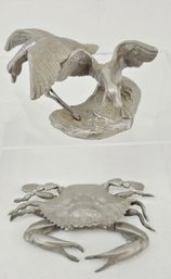 Vintage, Pewter Crab And Duck Sculptures