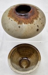 Studio Art Pottery, Signed,  Squat Vase And Bowl