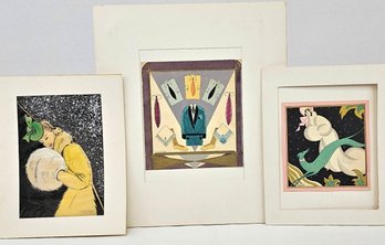 1 Original And 2 Small, 1930's Edouard Halouze Pochoir Prints, Graphite Signed