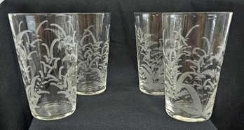 4 - Beautifully Etched And Blown Glass Juice Tumblers
