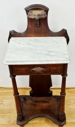 Antique, Victorian Walnut, Marble Top Stand - Unusual Candle Or Wash Stand