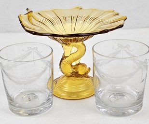 Dolphin Compote And 2 Etched, Blown Glasses
