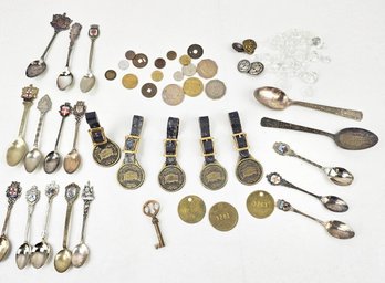 Large Lot Of Souvenir Spoons, Glass Buttons, Fobs, Coins, Etc