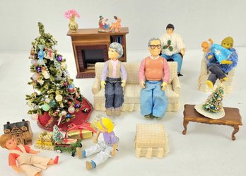 Dollhouse Dolls - Vintage Christmas Tree, Furniture, People, Presents, Etc.