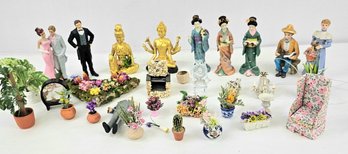 Large Lot Of Dollhouse People, Asian Garden, Wired Chandeliers, Barbecue Pit, Etc.