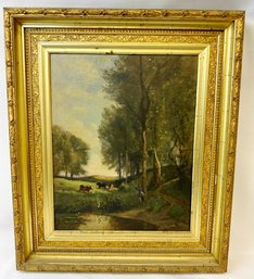 Large, 1800's Pastural Oil On Canvas  Painting With Cows