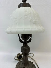 Antique Boudoir Lamp With Frosted Shade/ Spelter Base