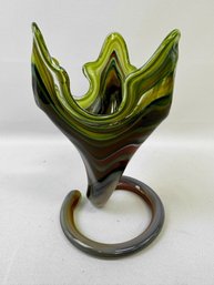 Beautiful Green Art Glass Vase With Amazing Swirls