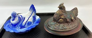 Lot Of Two Nesting Hen Covered Bowls - Blue Slag And Carnival Glass