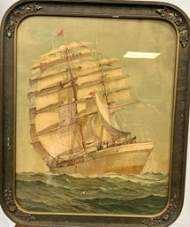 Antique, Ship Print In Floral Cornered Frame