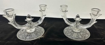 Etched, Dual Arm, Crystal Candle Holders