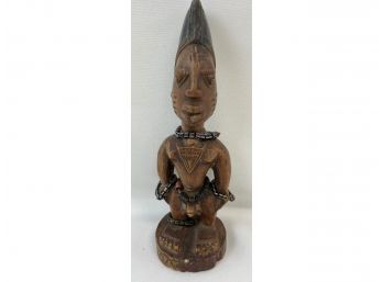 African Fertility Statue, Carved Wood, Beaded, Tack Eyes 10'