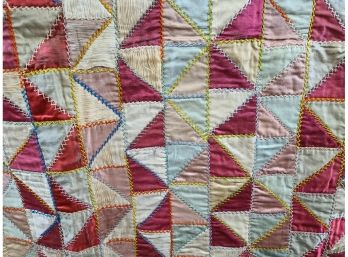 Colorful, Silk, Hand Sewn Geometric Triangles Quilt 51' X 67'